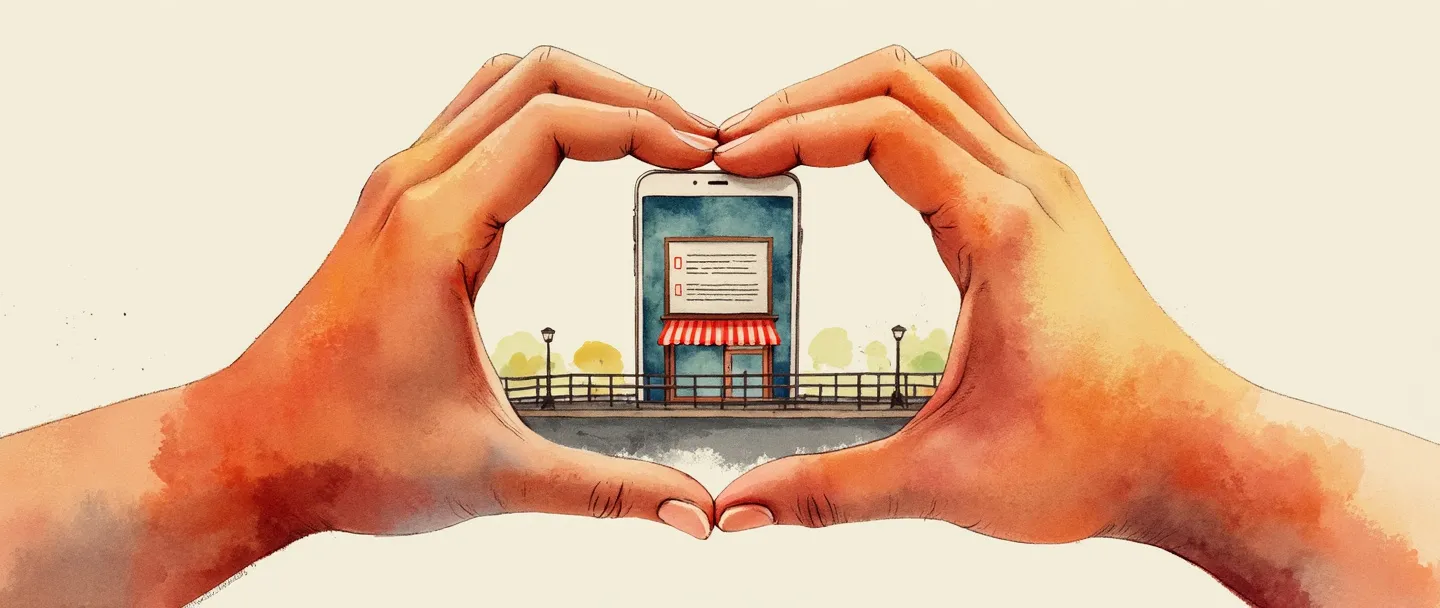 Uma pintura digital em aquarela de duas mãos formando um formato de coração, com um smartphone dentro mostrando mensagens de clientes. Uma ponte conecta as mãos a um pequeno prédio comercial. Cores quentes, composição simples, transmitindo confiança e conexão entre empresa e consumidor.