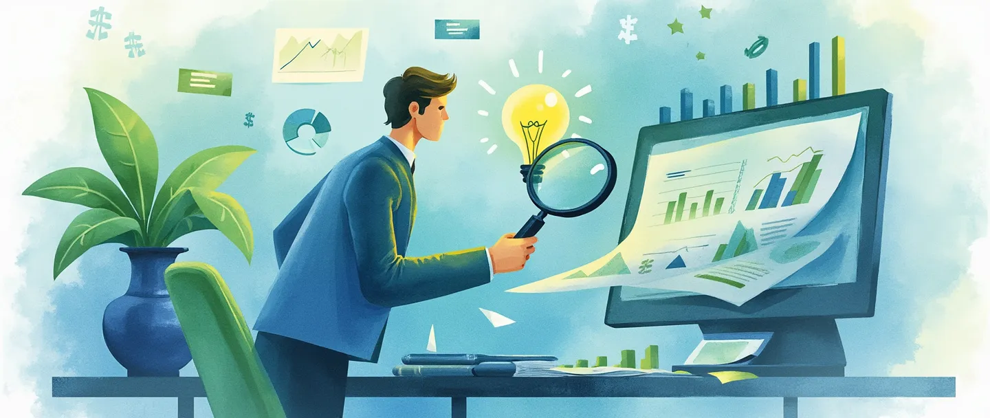Uma pintura digital em aquarela de uma pessoa analisando gráficos e tabelas financeiras com uma lupa. Símbolos de dinheiro flutuam por perto enquanto uma calculadora repousa sobre uma mesa. Uma lâmpada brilha acima, representando insights financeiros. Composição simples com tons de azul e verde transmitindo confiança e crescimento.