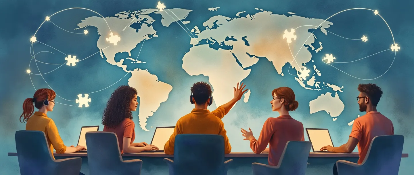 Uma pintura digital em aquarela de uma equipe diversificada conectada por linhas brilhantes ao redor de um globo, cada pessoa trabalhando em laptops em diferentes ambientes domésticos. Uma figura central com fones de ouvido gesticula em direção a peças de quebra-cabeça virtuais flutuando entre eles. Composição simples, cores quentes, tema de liderança remota.