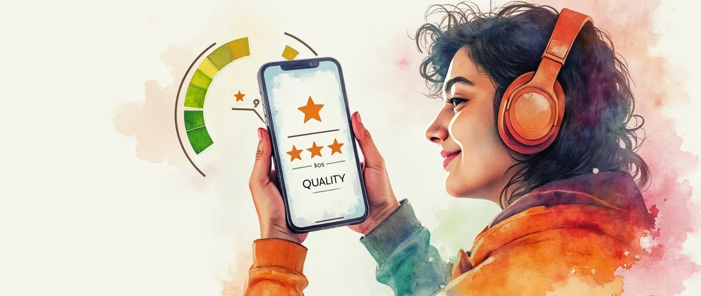 Uma pintura digital em aquarela de uma pessoa usando fones de ouvido com uma expressão satisfeita, olhando para a tela de um smartphone que exibe uma classificação por estrelas. Um medidor de qualidade simples mostra níveis verdes, com uma pequena peça de quebra-cabeça conectando o usuário ao dispositivo. Vibrante, porém minimalista, focando na satisfação percebida e na qualidade da experiência digital.