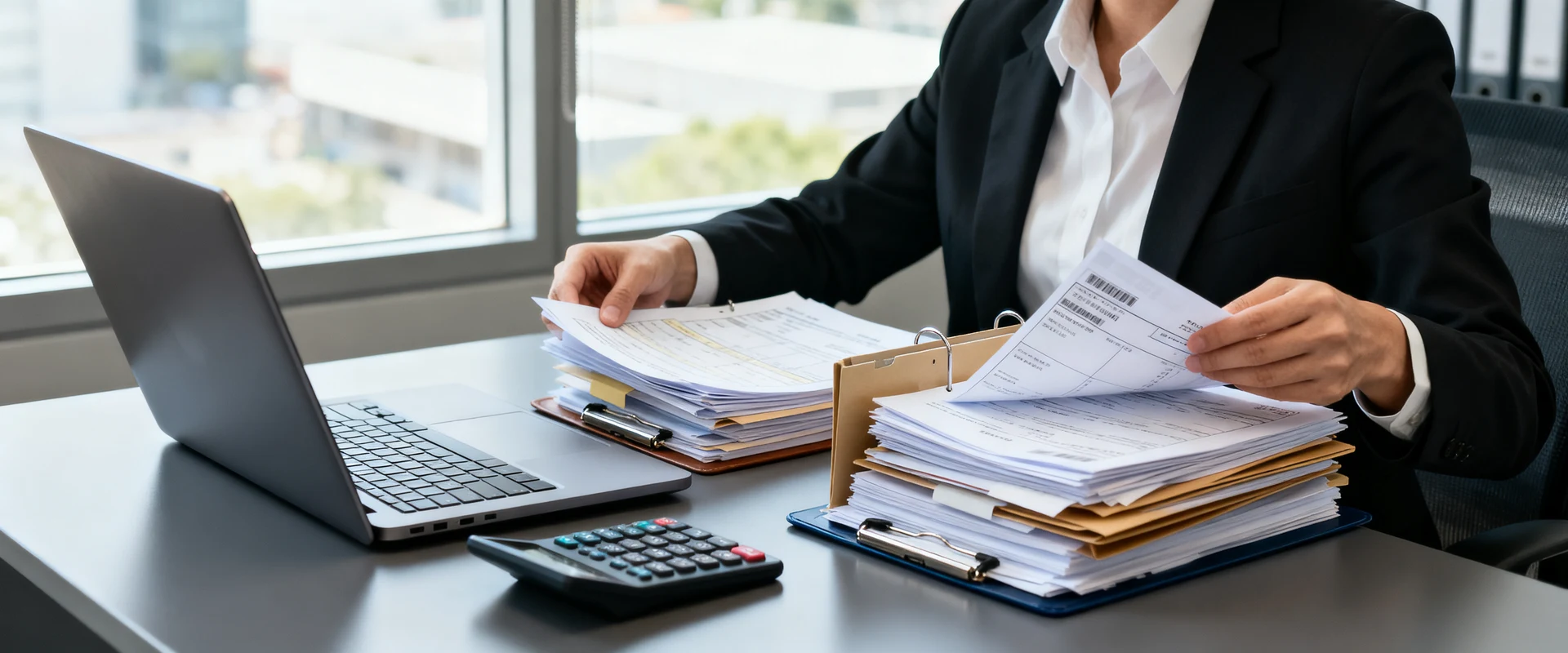Fotografia editorial profissional de consultor organizando documentos financeiros e faturas em mesa de escritório moderno com laptop, calculadora e pastas, luz natural, foco nítido, alta resolução, momento autêntico de trabalho corporativo.