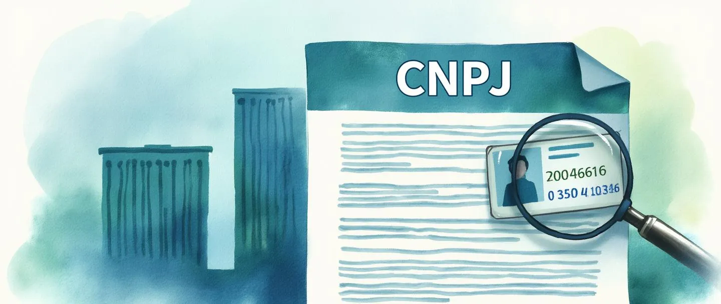 Uma pintura digital em aquarela de um documento oficial com "CNPJ" exibido de forma proeminente no topo, apresentando um cartão de identificação simplificado com números e um selo corporativo. A silhueta de um pequeno edifício de escritórios aparece no fundo, com uma lupa pairando sobre o documento. Design limpo, tons de azul e verde, aparência profissional.