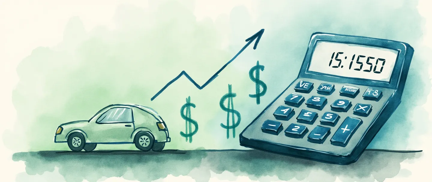 Um desenho em aquarela digital de uma calculadora exibindo números decrescentes, com os ponteiros de um relógio avançando no fundo. Um carro ou máquina simplificado desaparece gradualmente de novo para desgastado conforme o tempo passa, com cifrões diminuindo de tamanho. Composição simples com tons suaves de azul e verde, transmitindo o conceito de depreciação contábil.