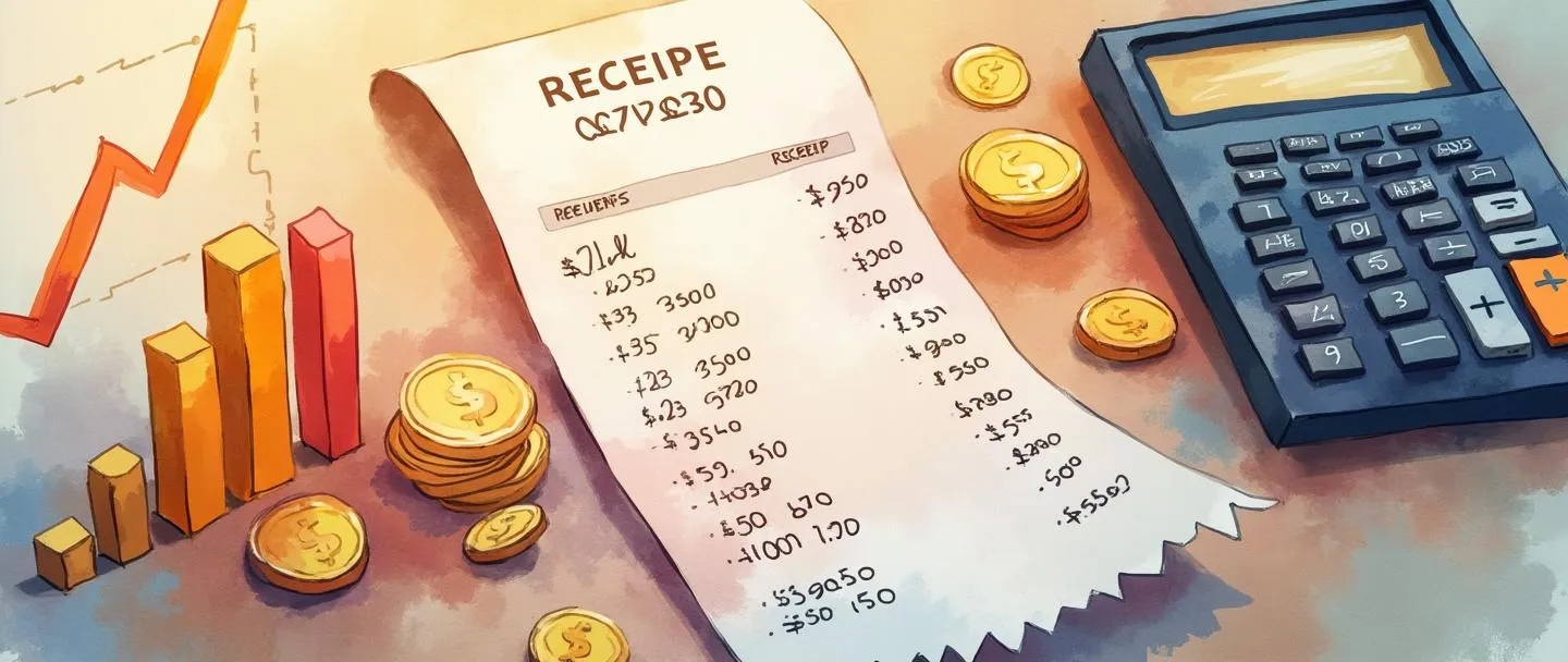 Uma pintura digital em aquarela de um recibo com valores variados, rodeado por moedas flutuantes e um gráfico de barras em ascensão. Uma calculadora está próxima com um símbolo de porcentagem brilhando em seu visor. Composição simples com tons quentes, representando a variação do valor médio do ticket em negócios.