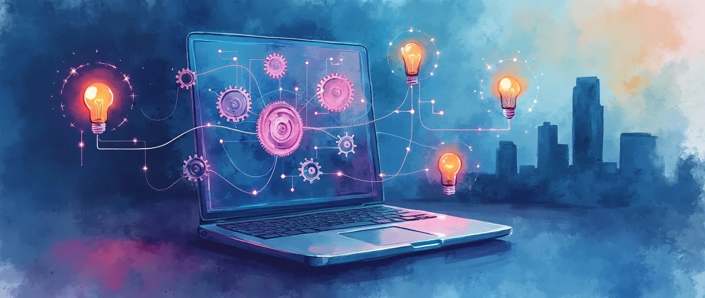 Uma pintura digital em aquarela de um computador moderno conectado a engrenagens flutuantes e lâmpadas, com uma rede simplificada de linhas brilhantes conectando-os. Uma pequena silhueta de um prédio de escritórios ao fundo. Tons vibrantes de azul e roxo, composição limpa, representando conceitos de negócios de tecnologia.