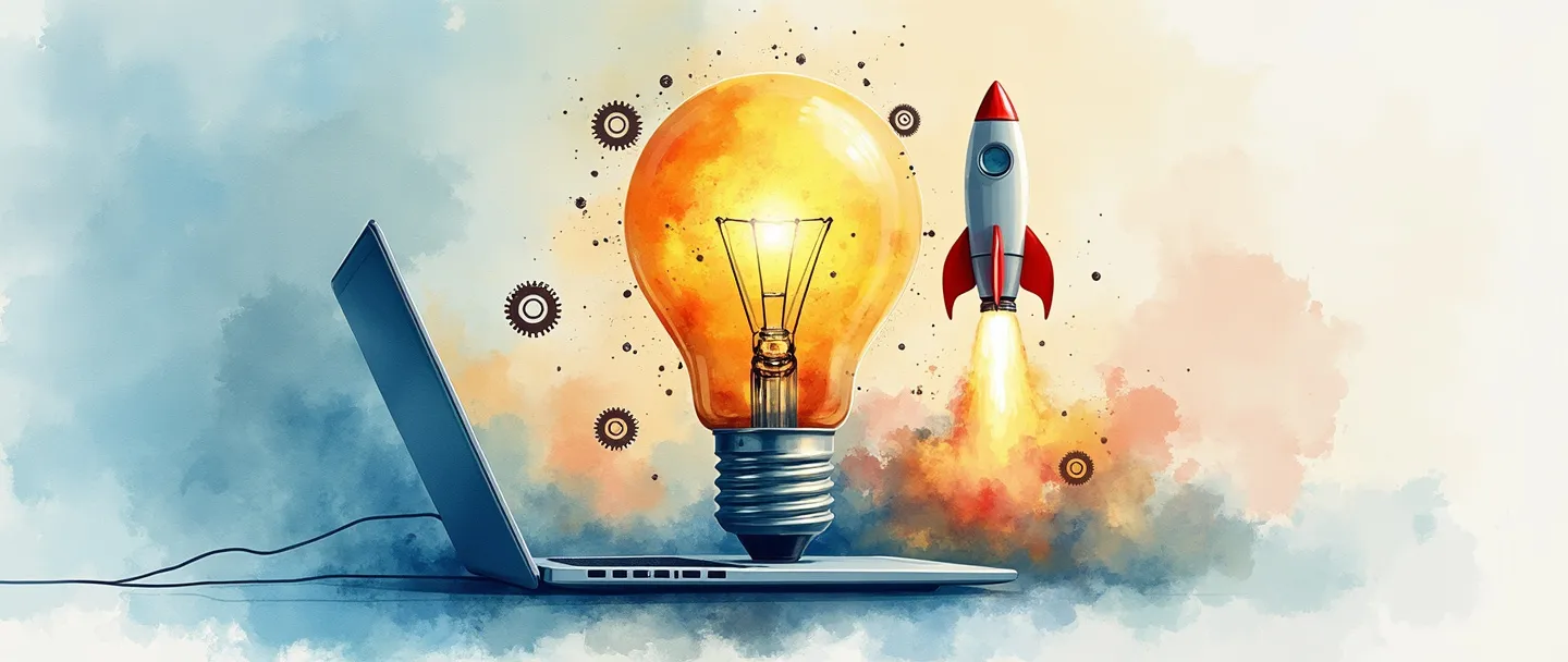 Uma pintura digital em aquarela de uma lâmpada com padrões de circuito dentro, conectada a um laptop elegante. Pequenas engrenagens flutuam ao redor deles, com um foguete decolando ao fundo. Composição simples com vibrantes tons de azul e laranja, representando o empreendedorismo tecnológico.