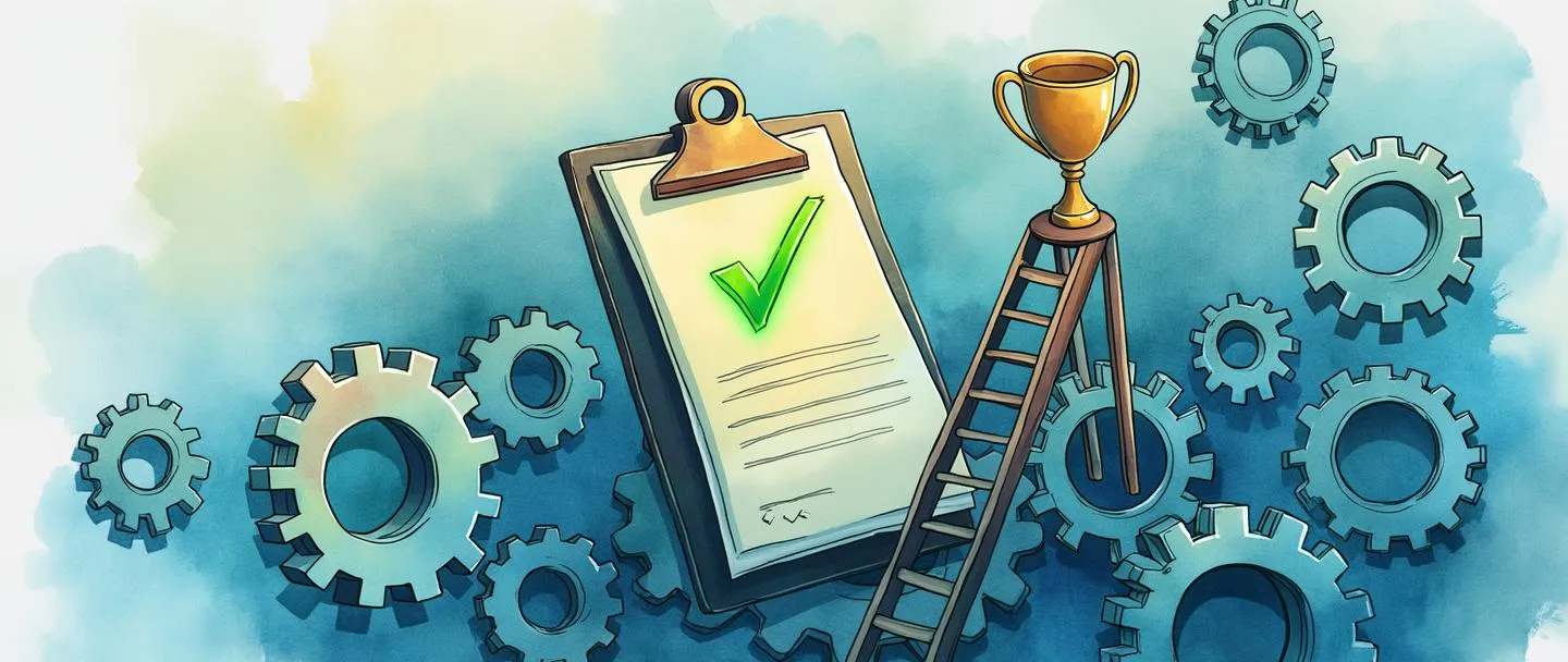 Uma pintura digital em aquarela de uma prancheta com um certificado emergindo dela, cercada por engrenagens interconectadas. Um sinal de verificação brilha em verde no certificado enquanto uma escada leva para cima em direção a um troféu. Composição simples com tons de azul e verde, transmitindo melhoria sistemática e conquista.