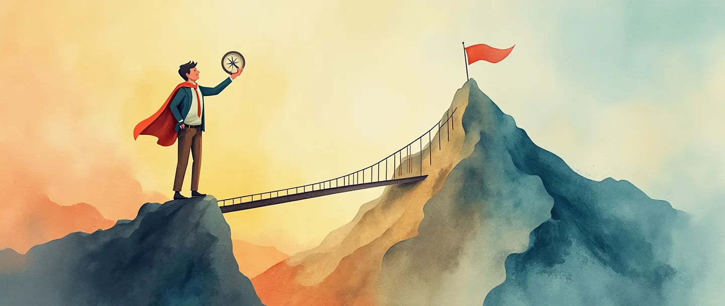 Uma pintura digital em aquarela de uma figura confiante em pé sobre um pódio, segurando uma bússola em uma mão e estendendo a outra mão para ajudar outros a subirem. Atrás dela, uma ponte conecta-se a um pico de montanha com uma bandeira. Composição simples com cores quentes e inspiradoras que transmitem liderança e orientação.