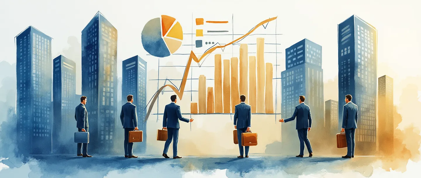 Uma pintura digital em aquarela de investidores institucionais representados como elegantes arranha-céus e edifícios de escritórios segurando portfólios e pastas, reunidos ao redor de um grande gráfico de pizza e gráfico de barras mostrando investimentos. Símbolos de dinheiro fluem entre os edifícios, com uma fita de cotações de ações conectando-os. Composição simples com tons de azul e dourado transmitindo profissionalismo e estabilidade financeira.