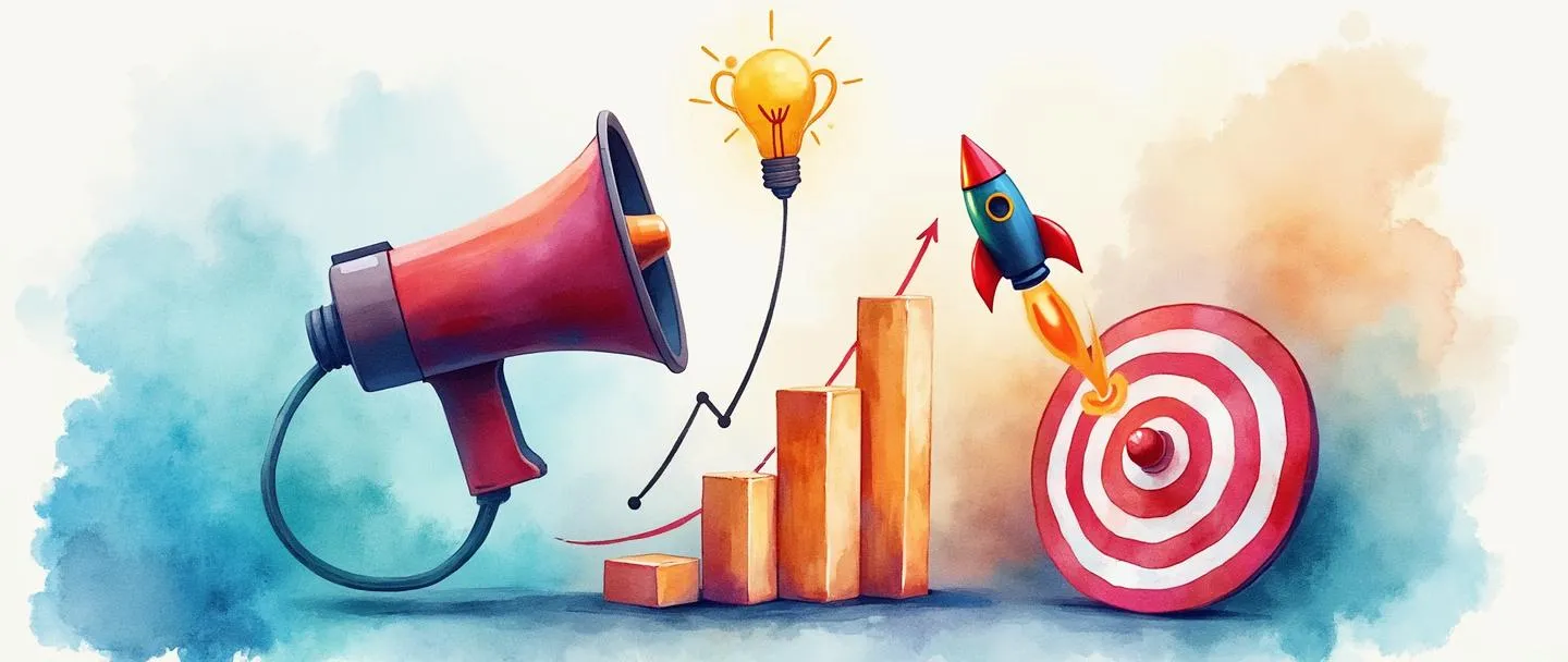 Uma pintura digital em aquarela de um megafone conectado a um gráfico com tendência ascendente, com um alvo ao fundo mostrando um centro perfeito com um troféu. Um pequeno foguete é lançado a partir da linha do gráfico, enquanto uma lâmpada brilha acima. Composição simples com cores vibrantes transmitindo o sucesso na otimização de campanhas.