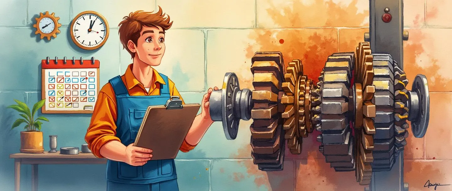 Uma pintura digital em aquarela de um mecânico com uma prancheta verificando engrenagens em uma máquina. As engrenagens são coloridas e bem lubrificadas, com um calendário e um relógio próximos. Um lado mostra maquinário bem conservado funcionando sem problemas, enquanto o outro mostra peças quebradas. Composição simples com cores quentes destacando a natureza preventiva da manutenção.
