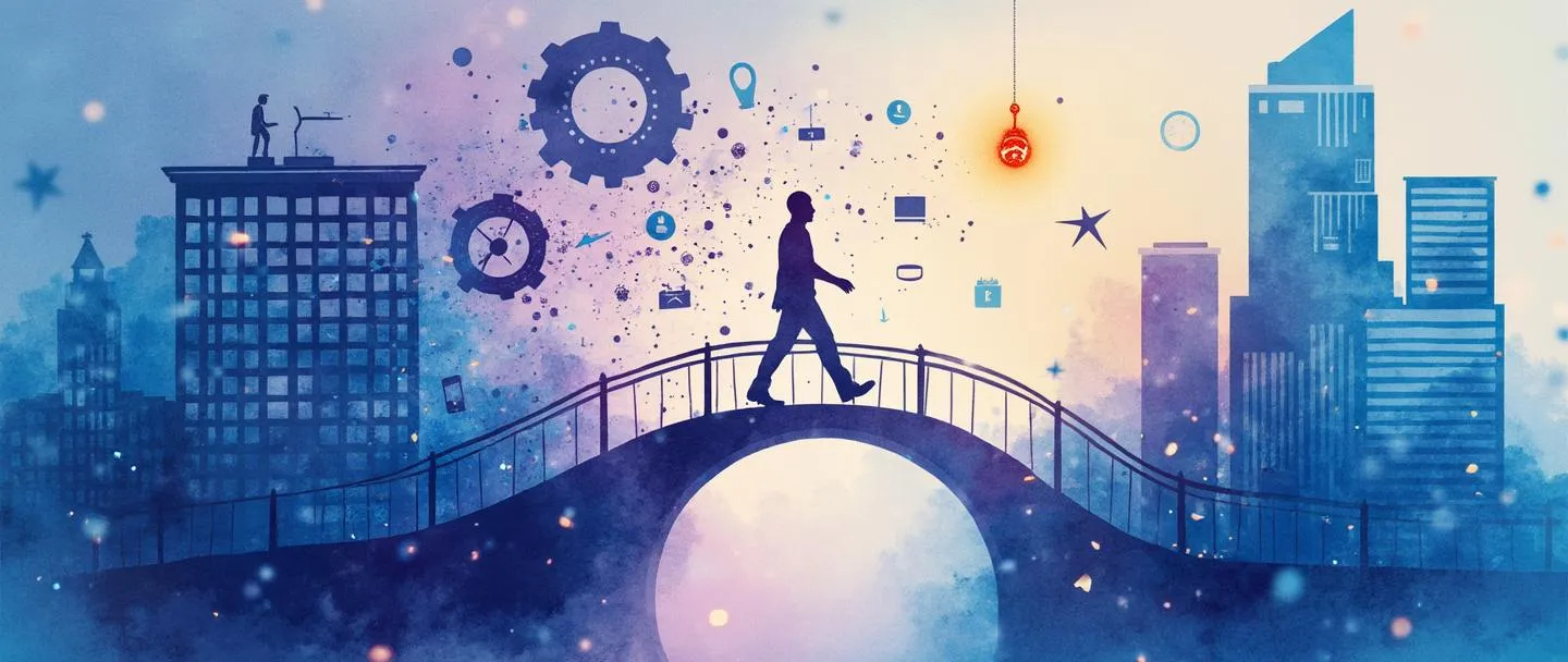 Uma pintura digital em aquarela de uma silhueta humana se transformando em código digital, caminhando por uma ponte de um antigo prédio de escritórios para um arranha-céu moderno. Engrenagens flutuantes, um computador e um smartphone cercam a figura. Uma bússola aponta para uma lâmpada brilhante acima do prédio moderno. Composição simples com vibrantes tons de azul e roxo.