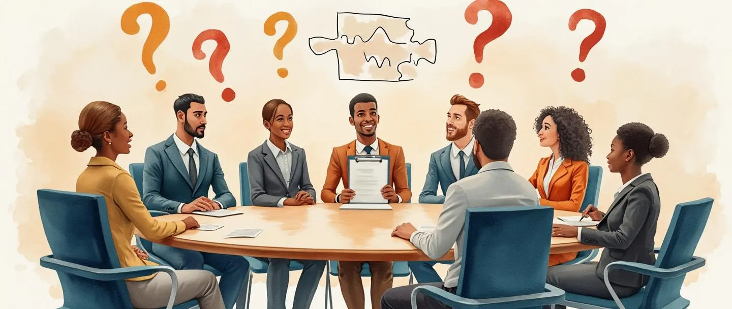 Uma pintura digital em aquarela de pessoas diversas em trajes executivos sentadas ao redor de uma mesa redonda, fazendo perguntas a uma figura central que segura uma prancheta. Pontos de interrogação flutuam acima de suas cabeças enquanto um quebra-cabeça com peças que se conectam forma-se no fundo. Composição simples com cores quentes e profissionais.