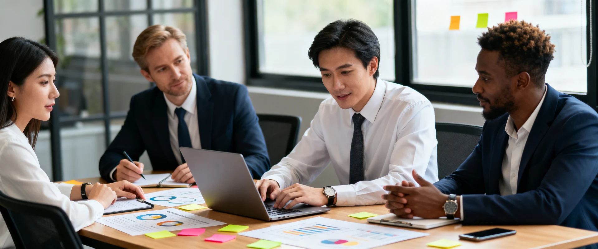 Gestão de projetos: importância, aplicação e principais áreas Fotografia editorial ultra-realista de equipe profissional diversa colaborando em mesa de conferência com laptops, gráficos e notas adesivas em ambiente corporativo autêntico, capturada com Canon EOS R5 e luz natural.