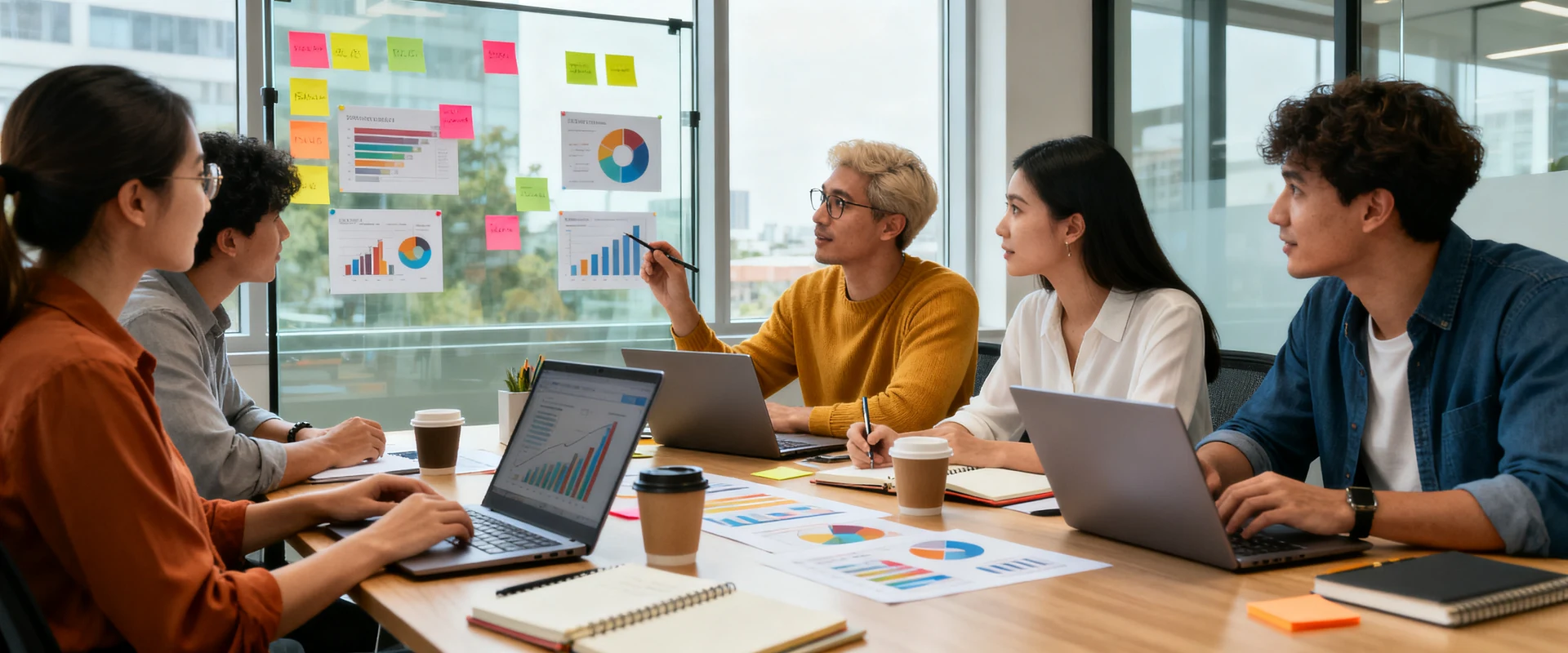 O que é Marketing: conceitos essenciais para iniciantes Fotografia editorial ultra-realista de equipe de marketing diversa colaborando em escritório moderno, com laptops, gráficos e notas adesivas, capturando momento autêntico de brainstorming em sessão de trabalho profissional.