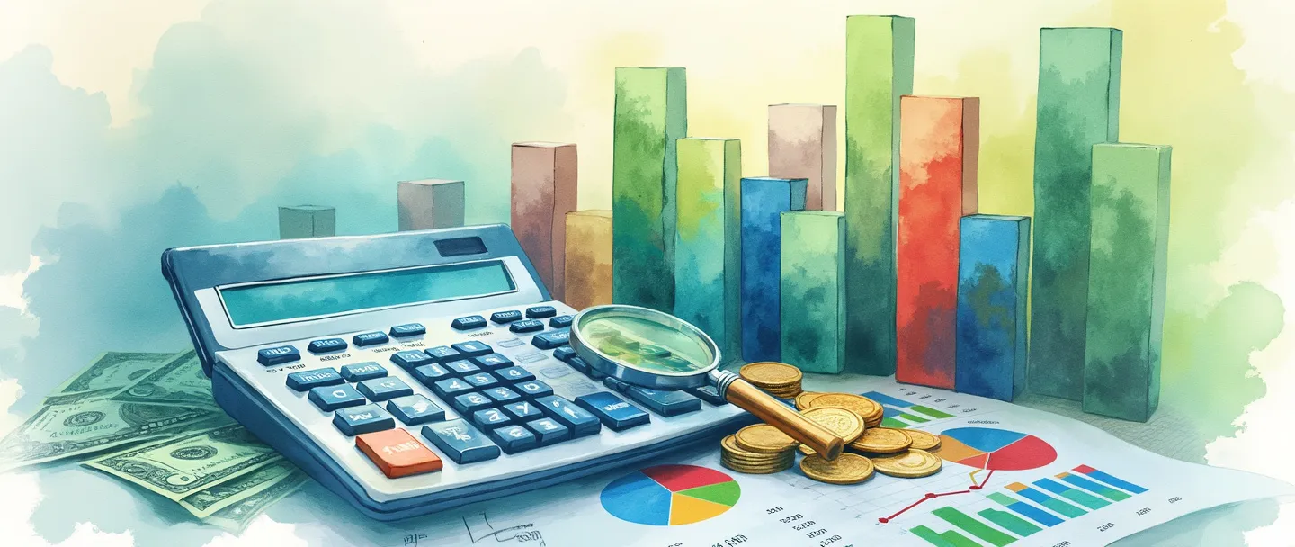 Uma pintura digital em aquarela de uma calculadora cercada por gráficos de barras e gráficos de pizza coloridos, com notas de dólar e moedas espalhadas ao redor. Uma lupa paira sobre um relatório financeiro, revelando uma análise detalhada de custos. Composição simples com tons vibrantes de azul e verde, transmitindo percepção financeira e gestão de custos.