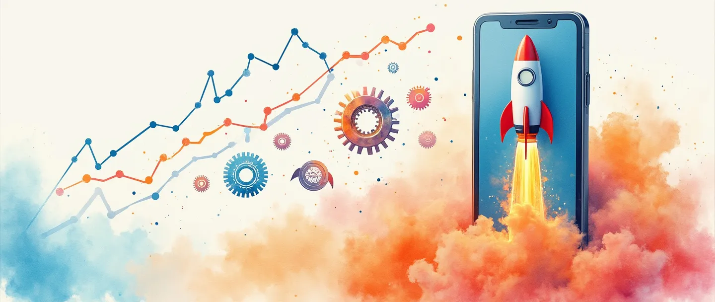 Uma pintura digital em aquarela de um smartphone se transformando em um foguete, com engrenagens digitais coloridas fluindo entre eles. Uma linha de gráfico simples com tendência ascendente ao fundo. Composição limpa com vibrantes tons de azul e laranja, transmitindo transformação digital e crescimento empresarial.