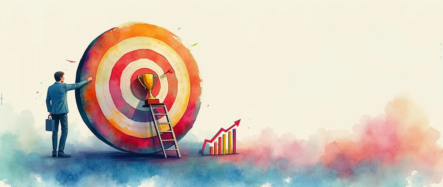Uma pintura digital em aquarela de um alvo com anéis concêntricos coloridos e um centro, com uma chave desbloqueando um troféu no meio. Uma escada simples leva até o alvo, enquanto um pequeno gráfico com tendência ascendente aparece próximo. Vibrante, porém minimalista, atmosfera profissional.