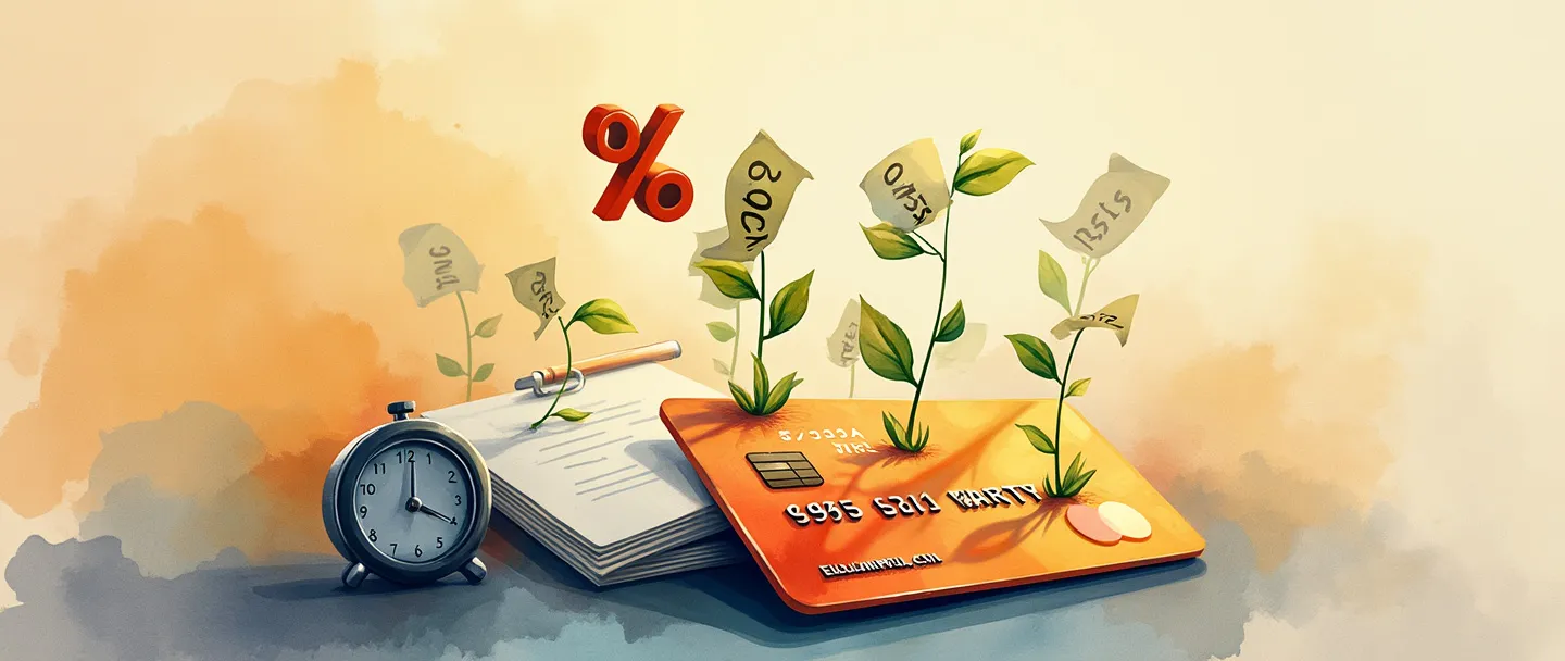 Uma pintura digital em aquarela de um cartão de crédito com dinheiro brotando dele como plantas, com um pequeno relógio e calculadora próximos. Um símbolo de porcentagem flutua acima, projetando uma sombra sutil sobre um contrato simples. Cores quentes, composição limpa, conceito financeiro.