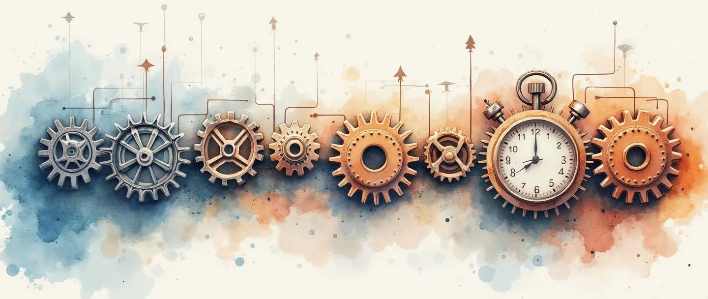 Uma pintura digital em aquarela de engrenagens aerodinâmicas fluindo eficientemente em um processo contínuo, com partes desnecessárias sendo removidas. Um cronômetro mostra o tempo economizado enquanto um gráfico simples ascendente indica desempenho melhorado. Espaço de trabalho limpo com desperdício mínimo representado pelo espaço vazio ao redor do fluxo de trabalho central.