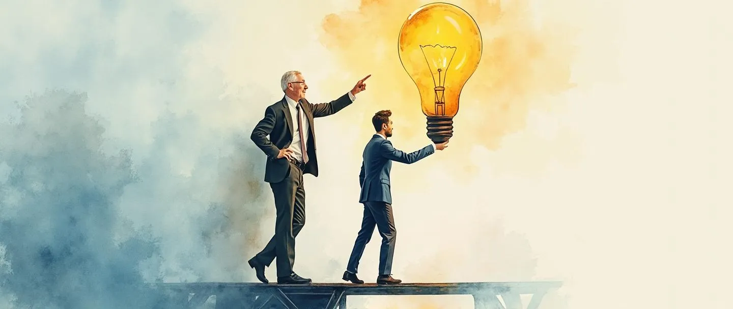 Uma pintura digital em aquarela de um mentor sábio em trajes executivos guiando um profissional mais jovem por uma escada. O mentor aponta para uma lâmpada brilhante acima, simbolizando a transferência de conhecimento. Uma pequena ponte os conecta, representando a relação de mentoria. Composição simples com cores quentes e encorajadoras.