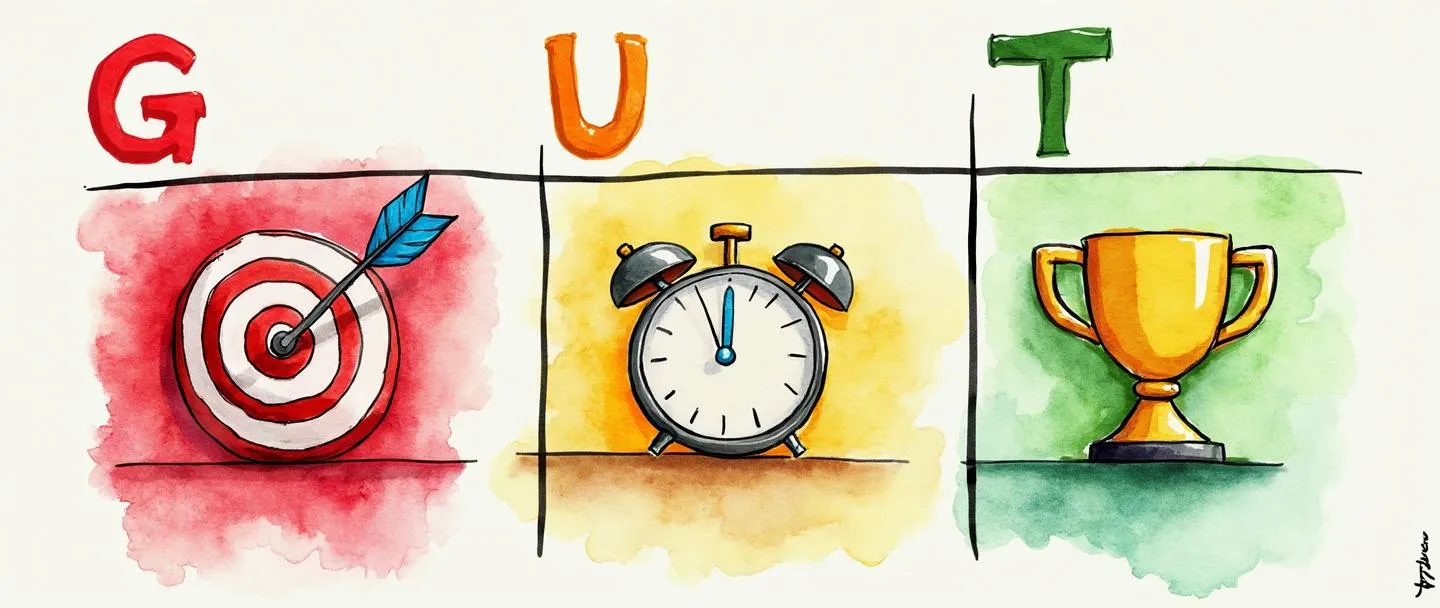 Uma pintura digital em aquarela de uma matriz de grade 3x3 com as letras "G", "U", "T" exibidas proeminentemente no topo. Dentro das células da grade estão elementos coloridos: um alvo com flecha, um relógio mostrando urgência e um troféu representando importância. A grade usa um gradiente de cores vermelho, amarelo e verde para indicar níveis de prioridade. Composição simples com linhas limpas e texturas vibrantes de aquarela.