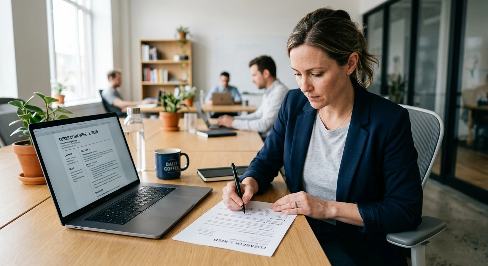 Fotografia editorial ultra-realista de profissional escrevendo currículo impresso em mesa moderna de escritório, com laptop aberto mostrando template de CV, ambiente corporativo autêntico, luz natural, alta resolução.