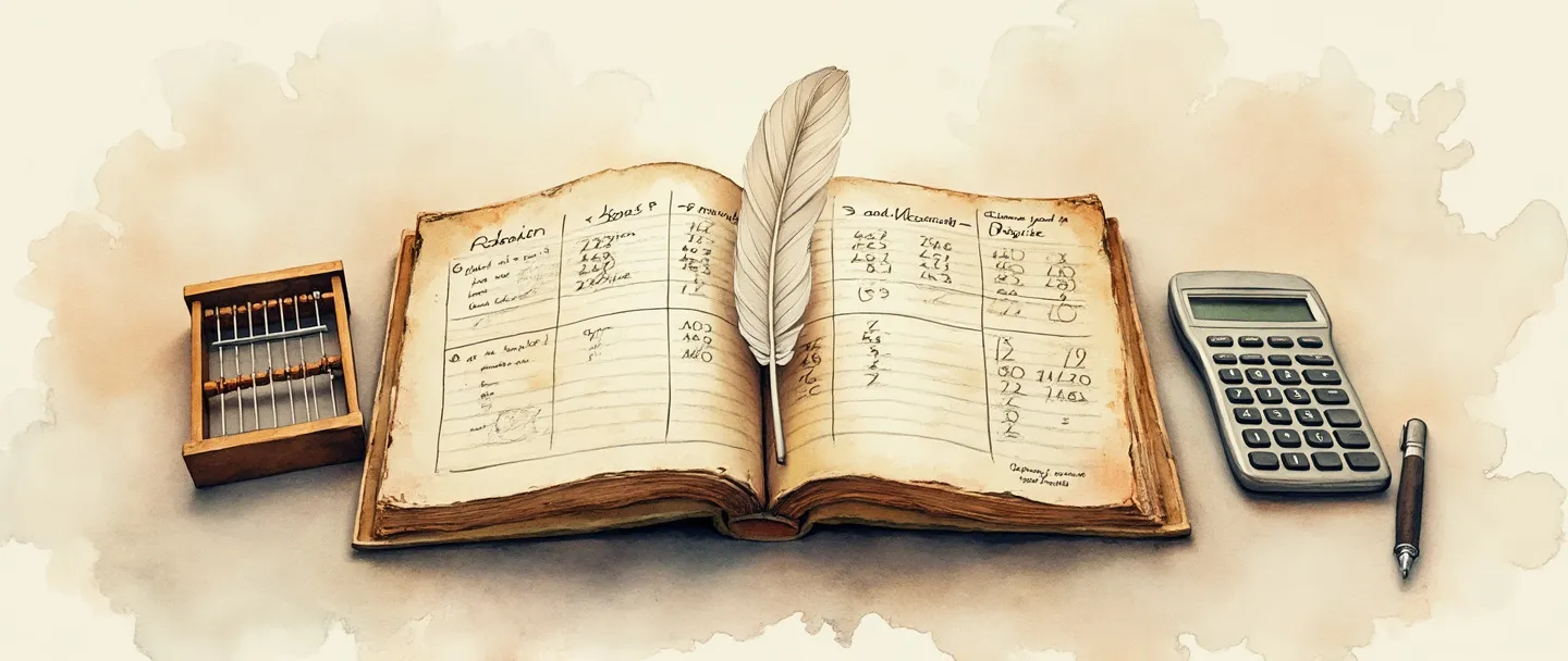 Uma pintura digital em aquarela de um livro contábil aberto com páginas históricas virando, mostrando números manuscritos se transformando em dados digitais. Uma pena de escrita e uma calculadora estão ao lado, com uma linha do tempo sutil fluindo de um ábaco antigo até um computador moderno. Composição simples com tons vintage quentes.