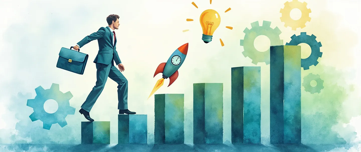 Uma pintura digital em aquarela de um empresário com uma pasta equilibrando-se eficientemente em um gráfico de barras ascendente, com um relógio e uma lâmpada flutuando nas proximidades. Engrenagens se encaixando suavemente no fundo representam processos otimizados, enquanto um pequeno foguete lança-se para cima sugerindo crescimento. Composição simples com vibrantes tons de azul e verde transmitindo profissionalismo e sucesso.