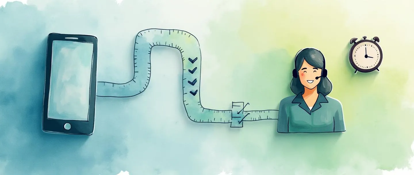 Uma pintura digital em aquarela de um fluxo de atendimento ao cliente representado por um fluxograma simples com setas amigáveis conectando um smartphone a um representante de atendimento ao cliente sorridente. Um pequeno relógio e uma lista de verificação flutuam próximos, sugerindo eficiência e organização. Tons suaves de azul e verde criam uma atmosfera calma e profissional.