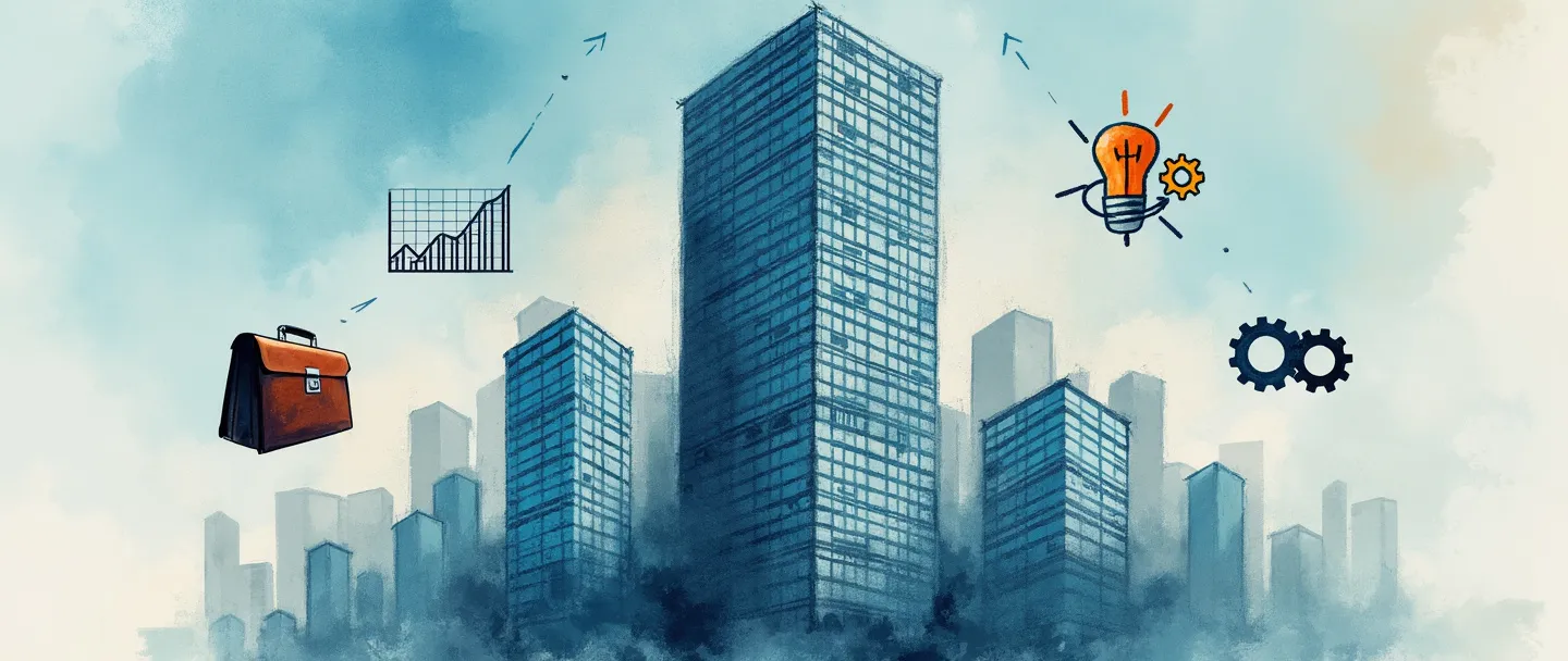 Uma pintura digital em aquarela de um arranha-céu imponente com múltiplos andares e janelas, cercado por edifícios de escritórios menores. Uma pasta, um gráfico com tendência ascendente e engrenagens flutuam nas proximidades, simbolizando operações de negócios em grande escala. Composição simples com tons vibrantes de azul e cinza, transmitindo a magnitude corporativa e a complexidade organizacional.