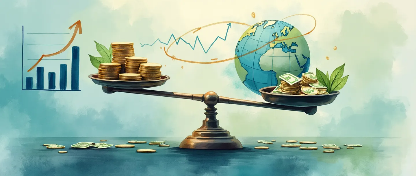 Uma pintura digital em aquarela de uma balança equilibrada com moedas e notas de dinheiro em ambos os lados. Um globo com setas fluindo para dentro e para fora está ao fundo. Um gráfico de barras simples mostrando importações e exportações aparece em um dos lados. Tons suaves de azul e verde com toques de dourado. Composição limpa e educativa mostrando fluxos financeiros internacionais.