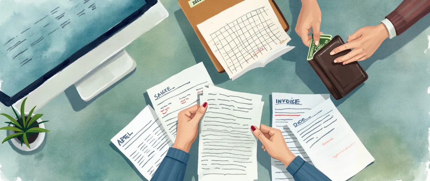 Uma pintura digital em aquarela de mãos organizando contas e faturas ao lado de um calendário com datas de vencimento. Uma carteira se abre revelando dinheiro enquanto uma tela de computador mostra uma confirmação de pagamento. Composição simples com tons suaves de azul e verde, transmitindo organização financeira e gestão de contas a pagar.