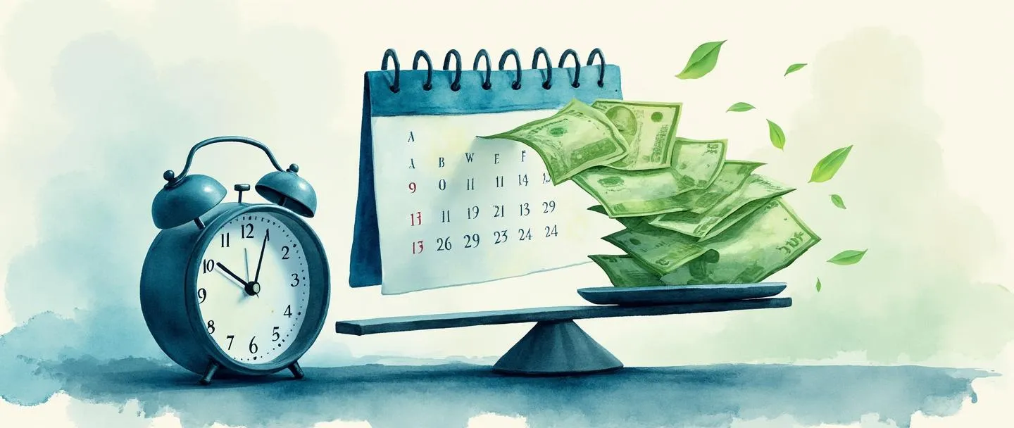 Uma pintura digital em aquarela de um calendário com dinheiro fluindo de datas passadas para datas atuais, com uma balança mostrando equilíbrio. Um relógio e um contrato aparecem próximos, simbolizando o momento do reconhecimento financeiro. Composição simples com tons de azul e verde, profissional mas acessível.