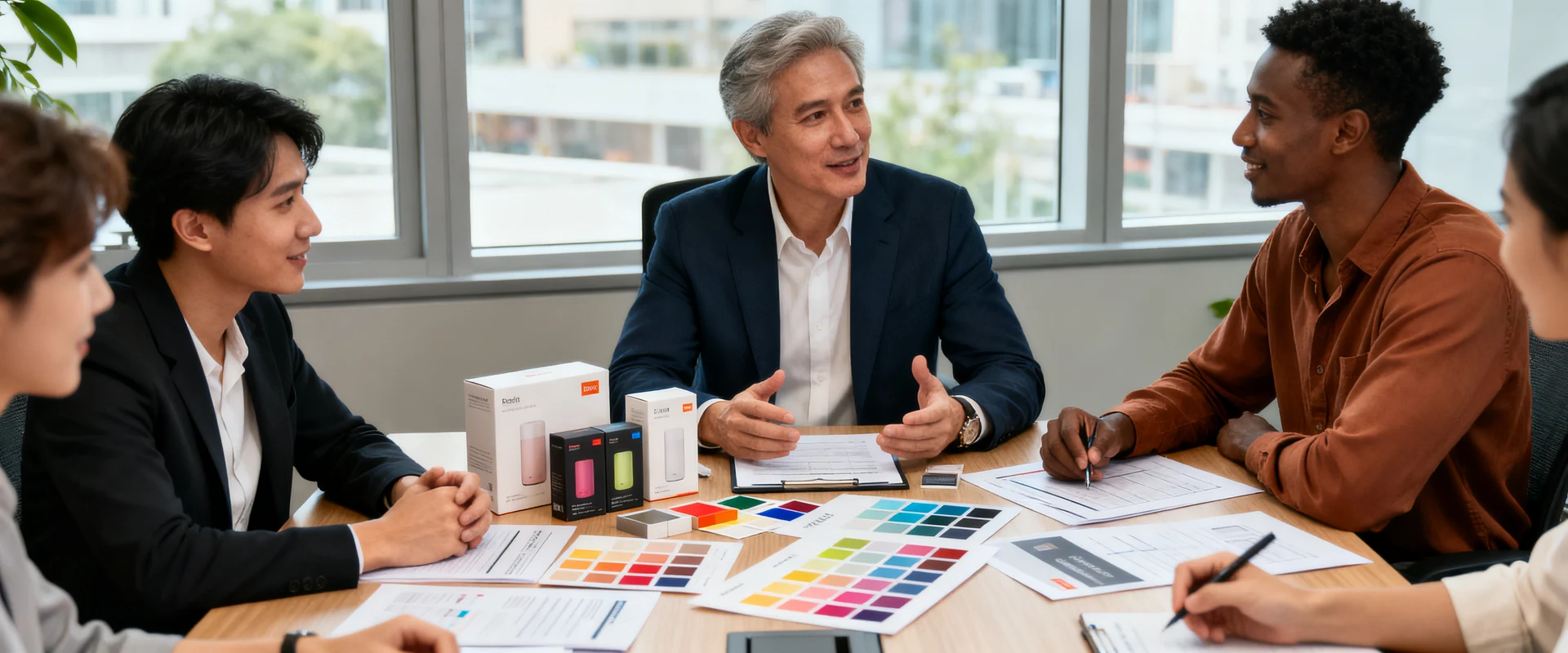 Branding (Gestão de Marcas): conceito, valor estratégico e exemplos Equipe de marketing diversificada colaborando em mesa de conferência com materiais de marca, amostras de embalagens e documentos estratégicos em fotografia editorial ultra-realista com luz natural e detalhes nítidos.