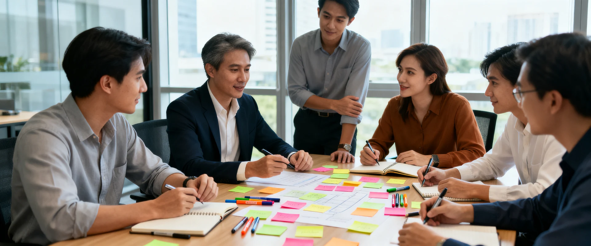 Equipe de negócios diversificada colaborando em sessão de brainstorming ao redor de mesa de conferência com post-its e notebooks em escritório moderno. Fotografia editorial ultra-realista com luz natural e detalhes nítidos.