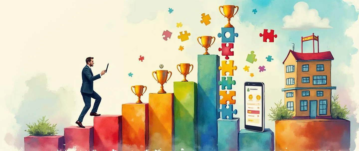 Uma pintura digital em aquarela de uma pessoa de negócios subindo uma escada colorida semelhante a um jogo, com plataformas de troféus, peças de quebra-cabeça formando degraus e barras de progresso acima. Próximo, um smartphone exibe pontos e medalhas, enquanto um pequeno edifício de escritórios tem uma interface divertida, semelhante a um jogo. Composição simples com cores vibrantes transmitindo conceitos de gamificação nos negócios.