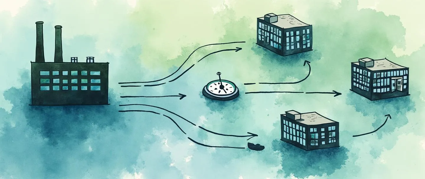 Uma pintura digital em aquarela de canais de distribuição fluindo de uma fábrica central para várias lojas. Setas conectam os edifícios, formando uma rede. Uma bússola guia o fluxo, enquanto um símbolo de aperto de mãos aparece em pontos-chave de conexão. Composição simples com tons fluidos de azul e verde sugerindo eficiência e conexão.