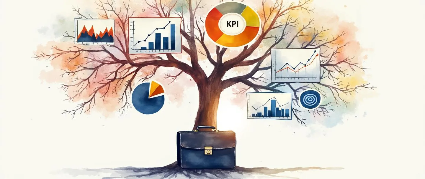 Uma pintura digital em aquarela de uma árvore com galhos exibindo vários gráficos e diagramas. Cada galho cresce de um tronco central rotulado como "KPI" e se estende para cima, com galhos menores mostrando gráficos de barras, gráficos de pizza e ícones de alvo. As raízes da árvore se conectam a uma simples pasta executiva. Estilo limpo e profissional com cores vibrantes, porém suaves.