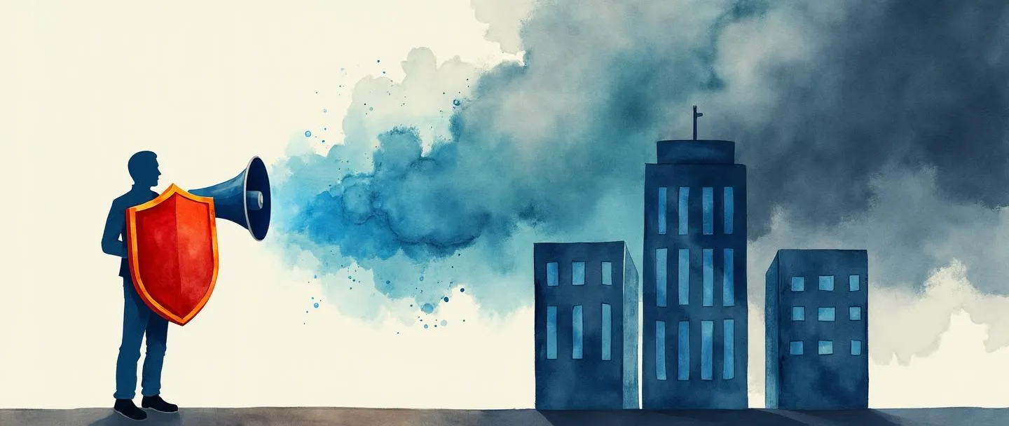 Uma pintura digital em aquarela de uma pessoa com um escudo protegendo um prédio corporativo de nuvens de tempestade. Um megafone emite ondas azuis calmantes que transformam as nuvens escuras em nuvens mais claras. Composição simples com cores contrastantes mostrando gestão de crise e proteção de imagem.