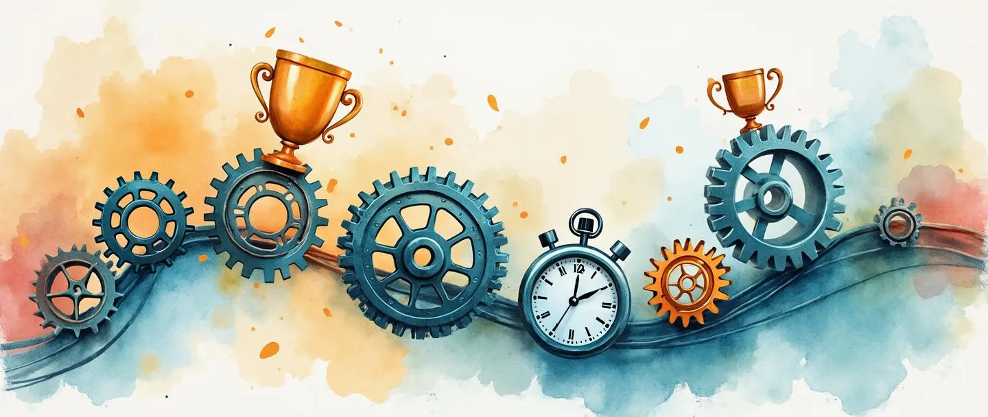 Uma pintura digital em aquarela de engrenagens fluindo suavemente ao longo de um caminho aerodinâmico, com peças desnecessárias sendo removidas. Um cronômetro mostra eficiência enquanto um troféu representa conquista. Composição simples com linhas limpas e desperdício mínimo, ilustrando princípios de administração enxuta. Paleta de cores vibrante, porém profissional.
