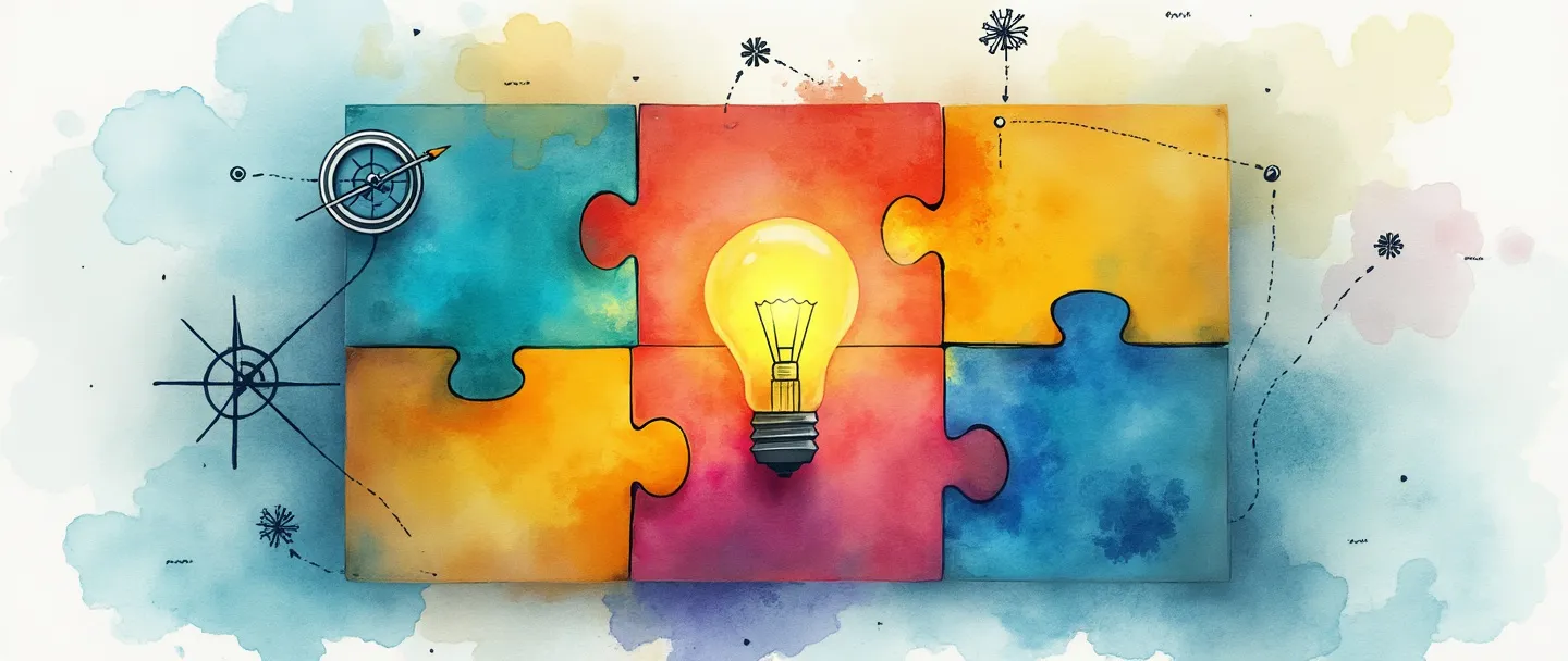 Uma pintura digital em aquarela de um canvas de negócios dividido em nove peças coloridas de quebra-cabeça, com uma lâmpada iluminando a peça central. Uma bússola aponta para um alvo no fundo, enquanto engrenagens simples conectam algumas seções. Design limpo, vibrante e minimalista mostrando a organização de um modelo de negócios.