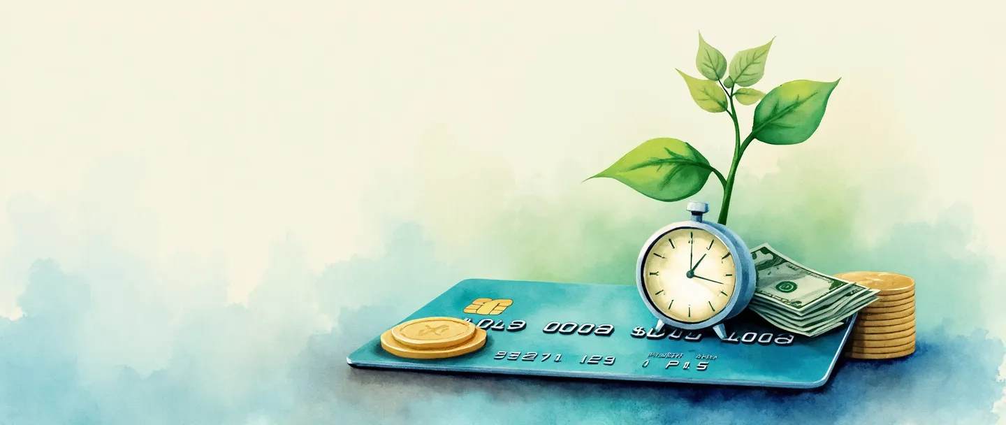 Uma pintura digital em aquarela de um cartão de crédito com um pequeno relógio e uma planta de dinheiro crescendo em cima. Notas de dólar e moedas brotam da planta enquanto um símbolo de porcentagem flutua acima, projetando uma sombra suave. Composição simples com tons suaves de azul e verde contra um fundo claro.