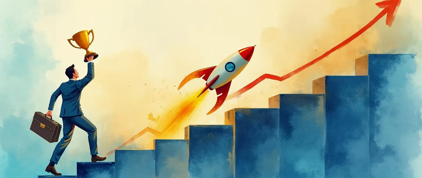 Uma pintura digital em aquarela de uma pessoa de negócios subindo uma escada de sucesso enquanto segura um troféu, com um gráfico de tendência ascendente ao fundo. Uma maleta se transforma em um foguete no topo da escada. Composição simples com vibrantes tons de azul e dourado, capturando conquista empresarial e crescimento.