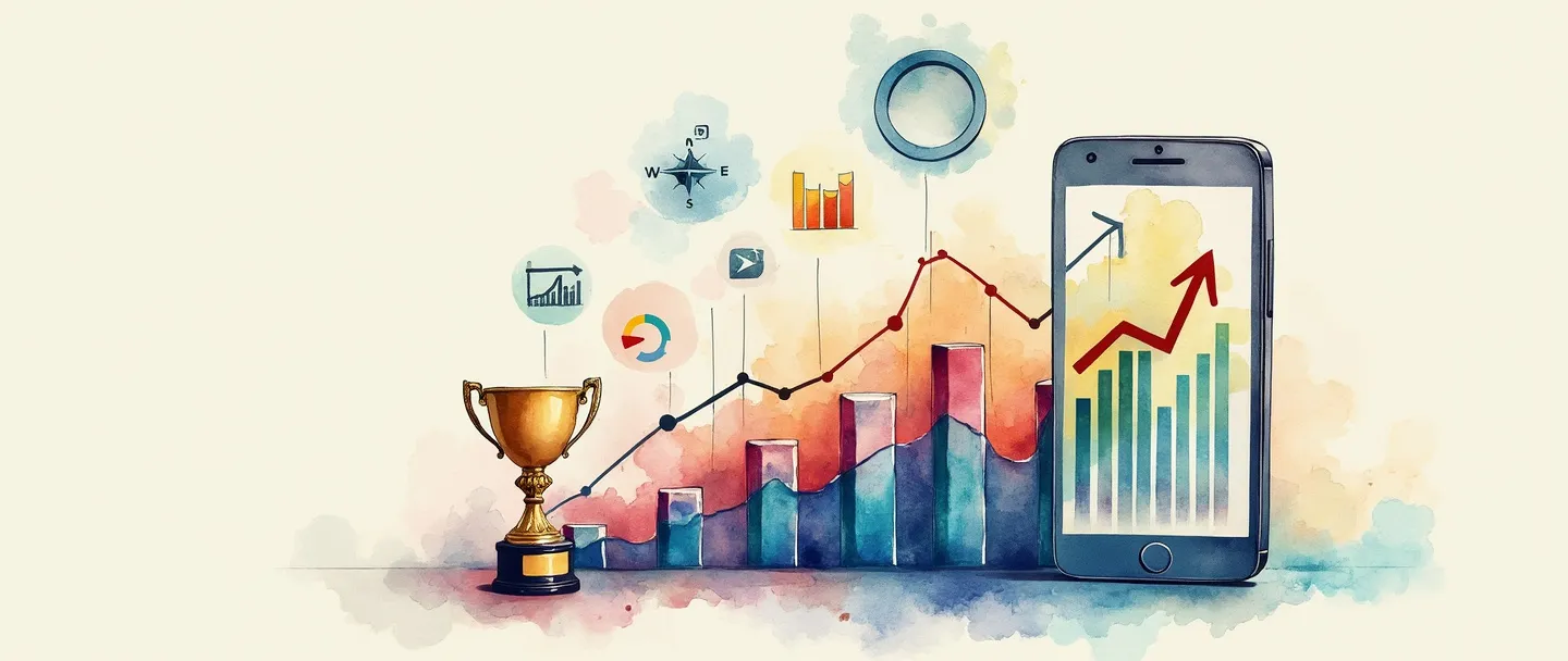 Uma pintura digital em aquarela de um smartphone exibindo um gráfico de barras colorido com uma tendência ascendente. Um pequeno troféu está ao lado, enquanto uma lupa paira sobre métricas-chave. Ícones simples de e-commerce flutuam acima, com uma bússola apontando para o sucesso. Composição limpa, tema de análise de negócios.