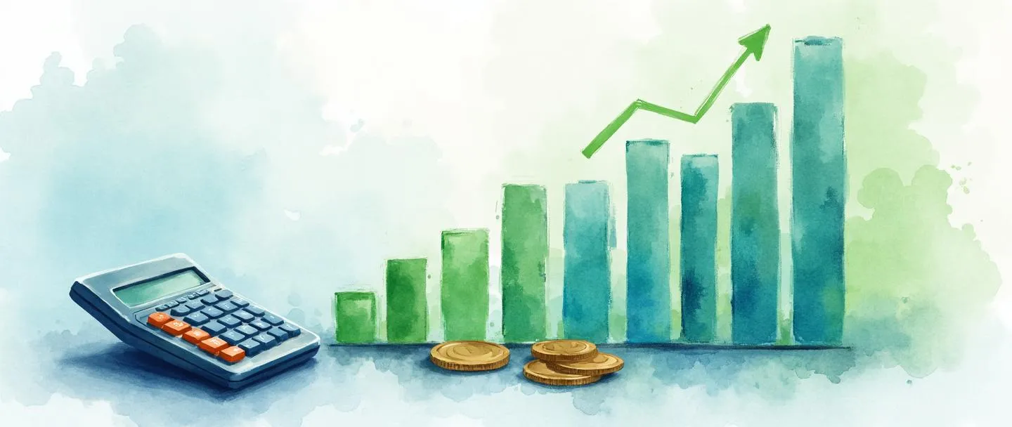 Uma pintura digital em aquarela de um gráfico de barras simplificado com uma margem de lucro verde destacada entre a receita (linha superior) e os custos (linha inferior). Uma pequena calculadora e moedas estão ao lado do gráfico. Composição limpa com tons suaves de azul e verde transmitindo estabilidade financeira e eficiência operacional.