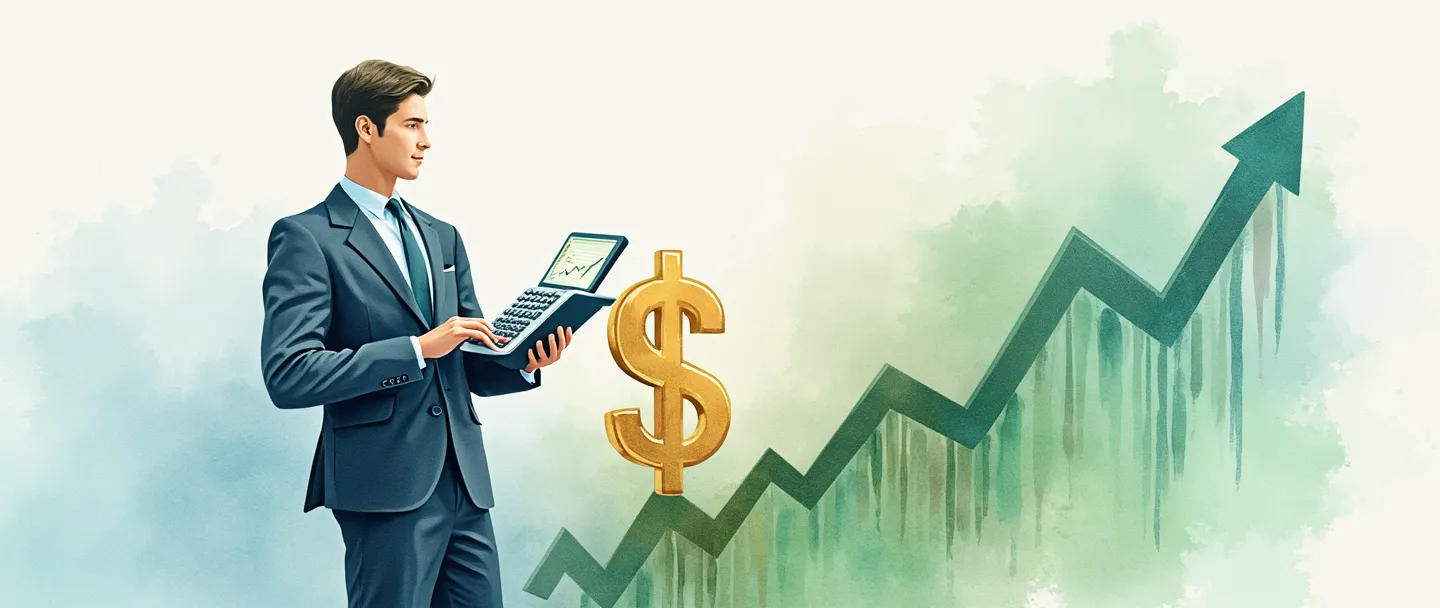 Uma pintura digital em aquarela de um profissional de negócios vestindo terno, segurando uma calculadora e um gráfico financeiro, em pé com confiança ao lado de um cifrão dourado. Composição simples com tons suaves de azul e verde, representando o papel de Diretor Financeiro.