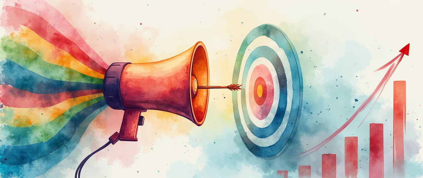 Uma pintura digital em aquarela de um megafone projetando ondas coloridas que se transformam em um alvo com uma flecha acertando o centro. Um pequeno foguete lança-se para cima ao lado de um gráfico simples ascendente. Vibrante, porém minimalista, capturando a essência de campanhas de marketing.