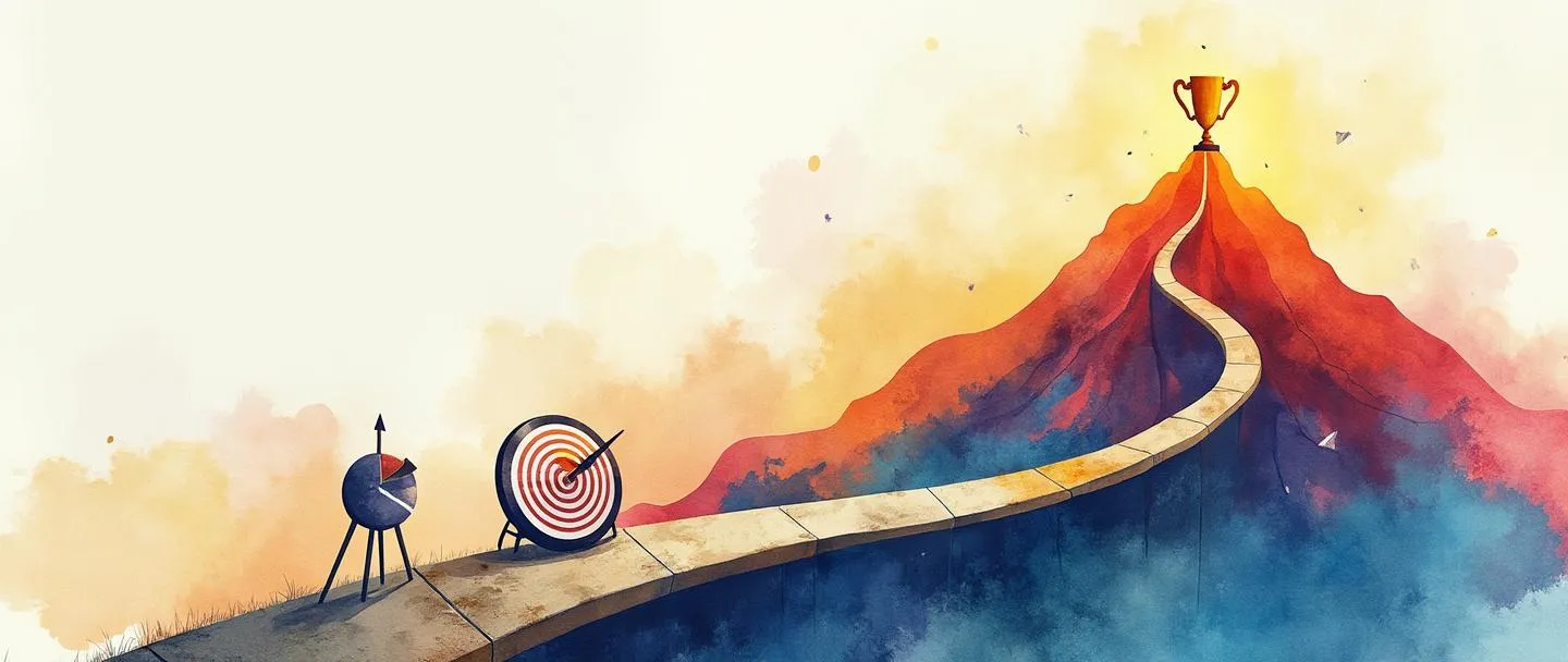 Um desenho em aquarela digital de uma bússola guiando uma jornada ao longo de um caminho sinuoso que leva ao cume de uma montanha. Ao longo do caminho estão três elementos-chave: um alvo com uma flecha no centro, um gráfico ascendente simples e um troféu no pico. A cena usa cores vibrantes, porém minimalistas, criando uma metáfora visual clara para a jornada de implementação de OKRs.