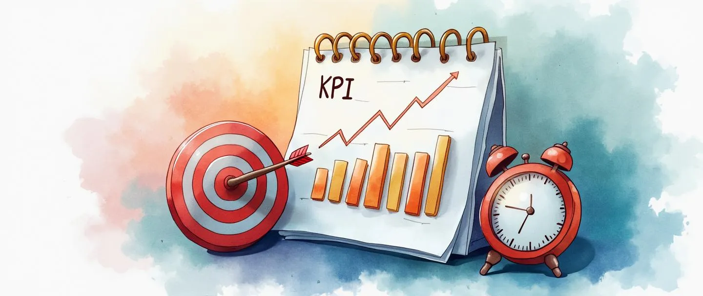 Uma pintura digital em aquarela de um calendário com métricas de KPI elegantemente exibidas em suas páginas. Um alvo com uma flecha no centro está ao lado dele, enquanto um gráfico de barras simples mostra uma tendência ascendente ao longo do calendário. Um pequeno relógio mostra gerenciamento de tempo. Design limpo com cores vibrantes, porém profissionais.